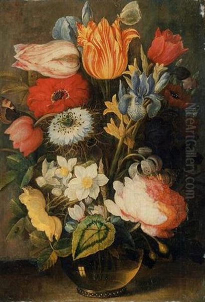 Tulips, Roses, Lilies, Irises And Other Flowers In A Glass Vase On A Ledge With Butterflies - view 1