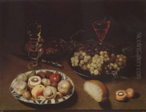 Still Life Of Peaches, Figs, Apples And Walnuts In A Blue And White Porcelain Bowl by Osias, the Elder Beert
