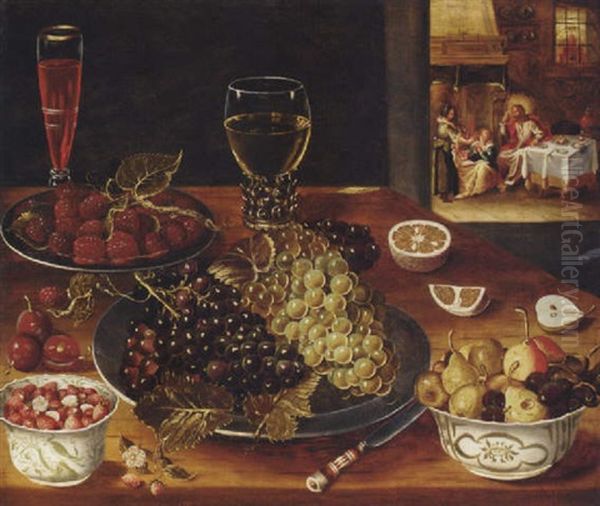 Grapes And Mulberries On Pewter Platters, Pears, Cherries And Strawberries In Wanli Kraak Porselein Bowls, A Wine Glass And A Roemer On A Table - view 1