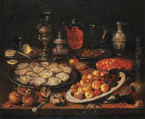 Oysters, Peaches, Cherries, Red Currants And Olives On Plates With A Sliced Lemon, A Knife, A Roemer, And A Mouse On A Table - view 1