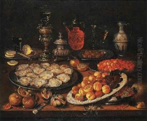 Oysters, Peaches, Cherries, Red Currants And Olives On Plates With A Sliced Lemon, A Knife, A Roemer, And A Mouse On A Table