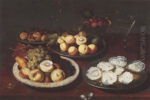 Stilleben Mit Austern, Drei Platten Mit Fruchten, Maulbeeren In Einer Bol Und Drei Glasern