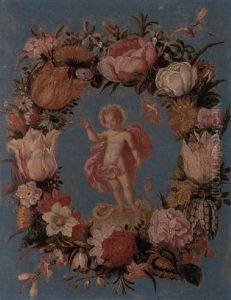 The Infant Christ Triumphant Over Sin, Set In A Garland Of Flowers by Osias, the Elder Beert