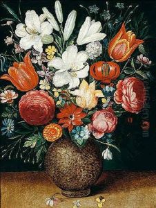 Still Life Of Flowers, Including Tulips, Lilies, An Iris, Marigold, And A Snowdrop In A Stoneware Vase by Osias, the Elder Beert