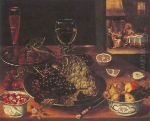 Grapes And Raspberries On Salvers, Strawberries, Apples And Cherries With A Wine Glass And A Roemer, Christ With Martha And Mary Beyond