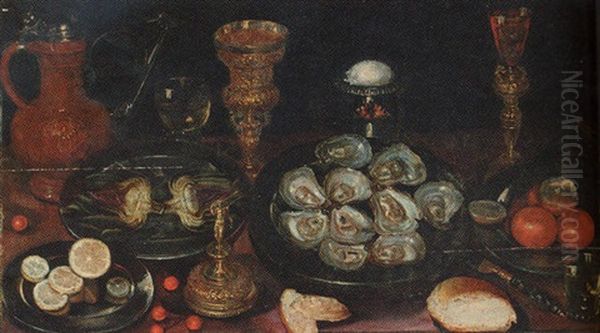 A Laid Table With Salvers Of Oysters, Artichokes, Oranges And Lemons, With Jug, Roemer, Silver Gilt Cup, Salt Cellar And A Wine Glass And A Loaf - view 1