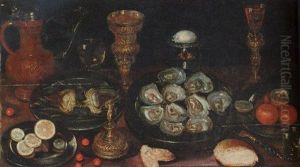 A Laid Table With Salvers Of Oysters, Artichokes, Oranges And Lemons, With Jug, Roemer, Silver Gilt Cup, Salt Cellar And A Wine Glass And A Loaf by Osias, the Elder Beert