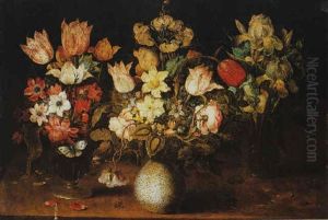 Nature Morte Aux Trois Vases De Fleurs Disposes Sur Un Entablement by Osias, the Elder Beert