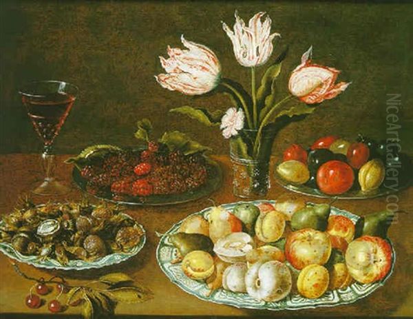 Nature Morte Aux Plats De Fruits, Verre De Vin Et Vase De Fleurs Sur Un Entablement - view 1