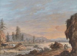 Landschaft Mit Sonnenaufgang Und Figurlicher Staffage