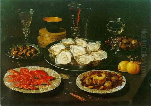 Nature Morte Aux Plats D'huitres, Ecrevisses, Olives, Chataignes Et Confiseries Sur Un Entablement - view 1