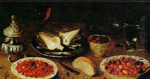 Still Life Of A Pewter Plate With Artichokes, Fruit And Objects On A Table