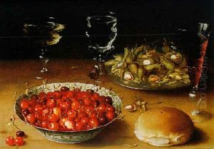 Still Life With A Butterfly, Cherries In A Wan-li Porcelain Bowl, Hazelnuts, Wineglasses And Bread, All On A Tabletop by Osias, the Elder Beert
