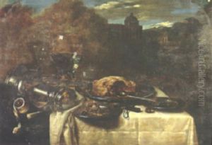A Still Life With A Pie, Plates, Goblets And A Lemon On A Table With Buildings Beyond by Osias, the Elder Beert