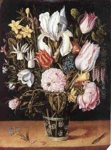 Still Life Of Flowers In A Glass Roemer Beside A Ladybird On A Wooden Table
