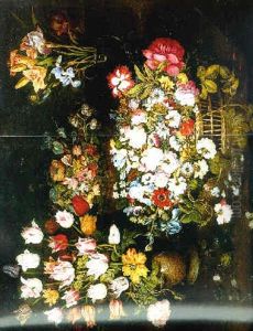Flowers In A Tub, Flowers In A Stoneware Vase, Flowers In A Glass Vase On A Table, With Flowers And Leaves Of Sowbread, Borage Flowers, Cabbage Whites, Red Admirals, A Caterpillar And A Dragonfly by Osias, the Elder Beert