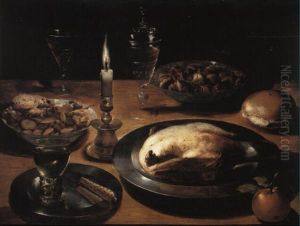 Duck On A Pewter Plate, Hazlenuts, Bowl And Roemer On A Table by Osias, the Elder Beert