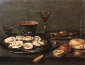 Still Life With Oysters And Olives On Plates, Wine Glasses...on A Table by Osias, the Elder Beert