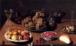 Still Life Of Grapes, Plums, Nuts And Raspberries On Pewter Plates With Fraises De Bois And Fruit by Osias, the Elder Beert