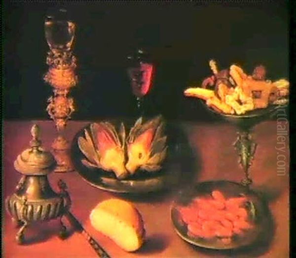 A Halved Artichoke And Shrimpson Pewter Plates, Pastry On A Tazza, A Roemer On A Silver- Gilt Stand, A Salt Cellar,more - view 1