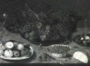 Berries In A Wan-li Bowl, A Pomegranate, Pear And Other Fruit On A Wan-li Platter, Grapes On A Pewter Platter... by Osias, the Elder Beert