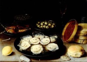 Still Life With A Pl;ate Of Oysters, Olives, Capers And Other Delicacies, All On A Table by Osias, the Elder Beert