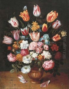 Tulips, Daffodils, Roses, An Iris And Other Flowers In A Pottery Vase On A Ledge