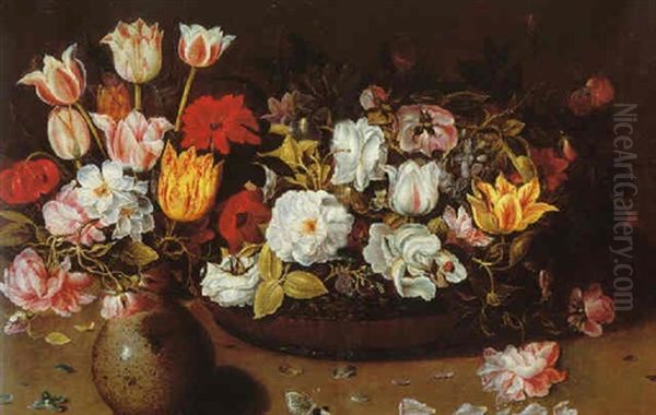 Still Life Of Flowers In Serpentine Vase Beside Chinese Lacquer Basket Of Flowers With A Cabbage, Butterfly And Petals On Wooden Table - view 1