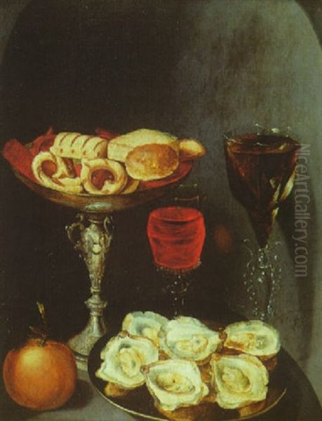Nature Morte Aux Plats D'huitres, Coupe De Gateaux Et Verres De Vin - view 1