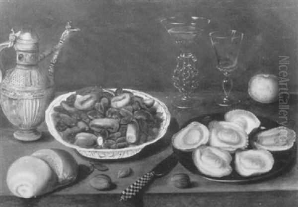 A Stoneware Jug, A Roll And Plate Of Sweetmeats, A Knife, A Peach, A Plate Of Oysters... - view 1