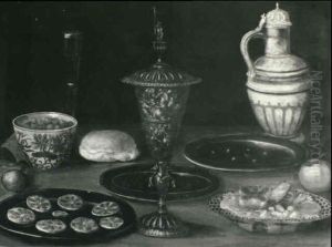 Still Life With A Covered Cup, Lemon Slices On A Pewter     Plate, Berries In A Blue And White Bowl And Other Objects