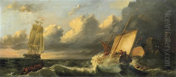 Vor Dem Gewitter. Segelboote Auf Tosenden Wogen Vor Felskuste - view 1