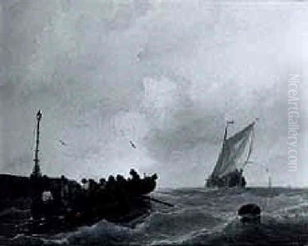 Sailors In A Row Boat Near A Jetty, A Sailing Barge Beyond - view 1