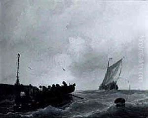 Sailors In A Row Boat Near A Jetty, A Sailing Barge Beyond by Albertus Van Beest