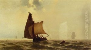 Zeilschepen En Mannen In Een Vlet Op Open Zee Zeilschepen En Mannen In Een Vlet Op Open Zee