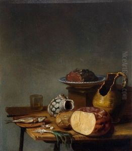 Still Life Of A Meal, With Herring, Bread, Cheese, Ham And Cutlery On A Table by Sybrand Van Beest