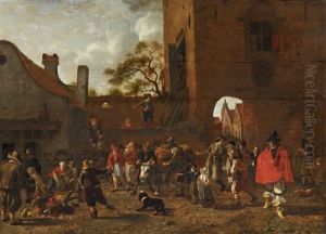 A Market Scene In Front Of A Town Gate