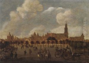 Figures Of Het Vredenburg, Utrecht With The Domkerk And The Buurkerk Beyond