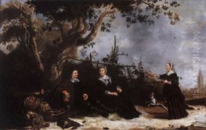A Gentleman With Two Ladies Resting By A Tree With A Basket Of Apples, Melon, Pumpkins And Plums