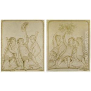 Putti Disporting With One Dressed As The Infant Hercules (+ Putti Disporting With One Dressed As Mercury, Lrgr; Pair) by Abraham Hendrik van Beesten