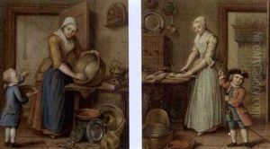 A Woman Cleaning Pots In An Interior With A Boy Eating Cherries (+ A Woman Preparing Fish In A Kitchen And A Child Playing; Pair) by Abraham Hendrik van Beesten