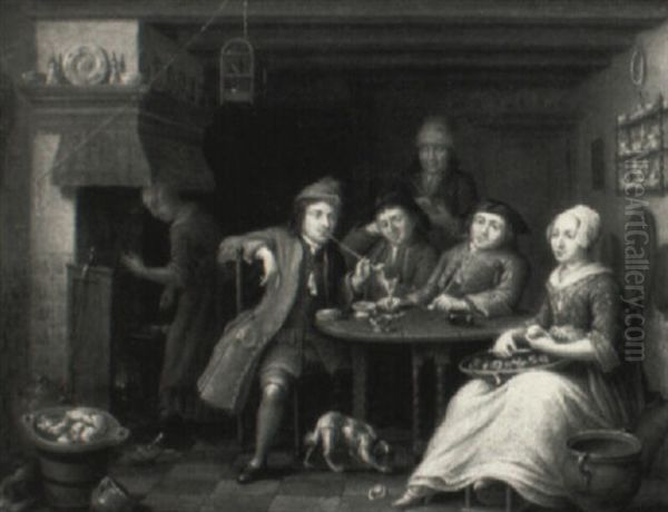 Kitchen Interior With Gentlemen Smoking And Women Cooking - view 1