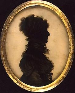 A Lady, Profile To The Right, Wearing Dress With Lace Trim, Ruff And Scarf About Her Neck And Strings Of Pearls In Her Hair