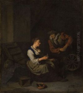 Interieur Mit Einer Frau Am Spinnrad, Rechts Ein Mann by Cornelis Pietersz Bega
