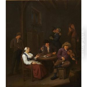 The Interior Of A Tavern With A Fiddler And Peasants Drinking And Dancing by Cornelis Pietersz Bega