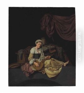 Woman With A Cittern Before A Table With Books And Other Musical Instruments by Cornelis Pietersz Bega