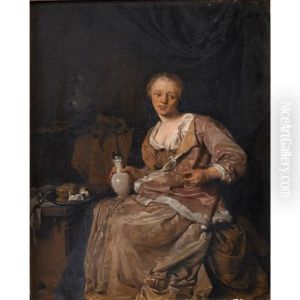 Jeune Femme Dans Un Interieur Tenant Un Verre by Cornelis Pietersz Bega