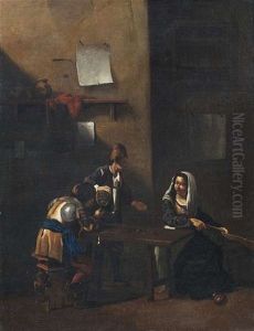 Wirtshausinterieur Mit Rauchenden Und Trinkenden Bauern Und Einer Gitarrrenspielerin by Cornelis Pietersz Bega