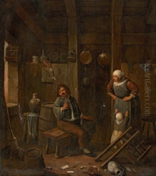 Interieur Mit Frau, Kind Und Biertrinkendem Mann - view 1