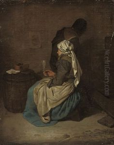 A Woman Seated Holding A Glass By A Barrel, A Man Behind, In An Interior